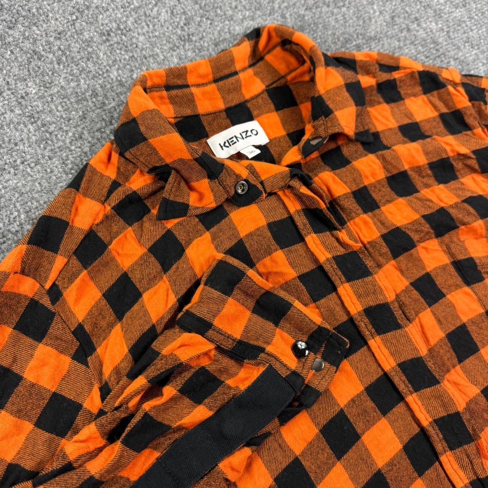Kenzo Button Up Shirt 36 Orange Black Buffalo Plaid Snap Detail Mens